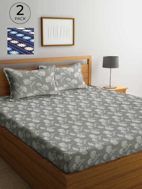 

Arrabi Set Of 2 Blue & Grey Floral 300 TC 2 King Bedsheet with 4 Pillow Covers