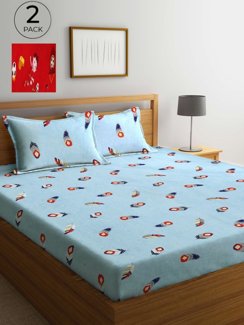 

Arrabi Set Of 2 Blue & Red Floral 300 TC 2 King Bedsheet with 4 Pillow Covers
