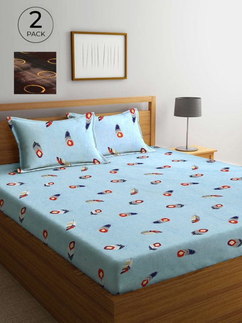 

Arrabi Set Of 2 Blue & Brown Floral 300 TC 2 King Bedsheet with 4 Pillow Covers