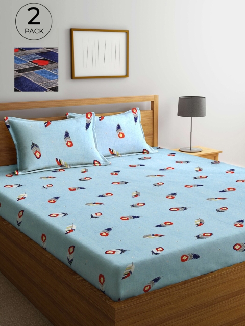 

Arrabi Set Of 2 Blue & Red Floral 300 TC 2 King Bedsheet with 4 Pillow Covers
