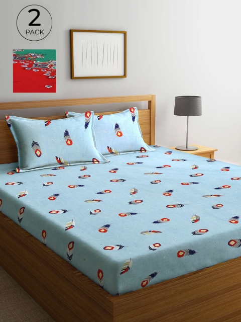 

Arrabi Set Of 2 Blue & Red Floral 300 TC 2 King Bedsheet with 4 Pillow Covers