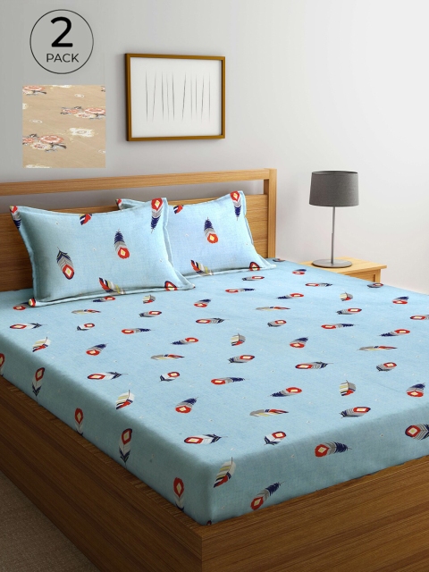 

Arrabi Set Of 2 Blue & Red Floral 300 TC 2 King Bedsheet with 4 Pillow Covers