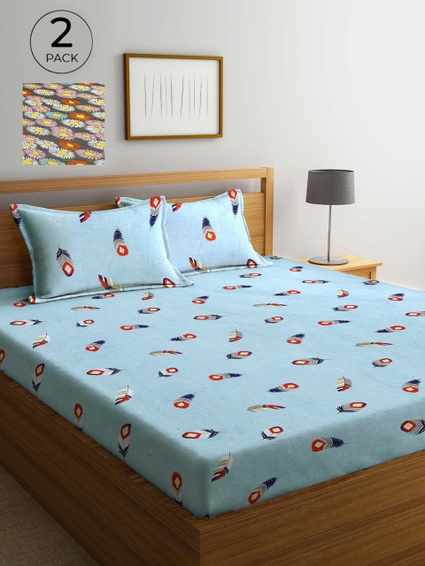 

Arrabi Set Of 2 Blue & Red Floral 300 TC 2 King Bedsheet with 4 Pillow Covers