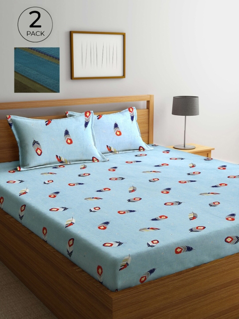 

Arrabi Set Of 2 Blue & Green Floral 300 TC 2 King Bedsheet with 4 Pillow Covers