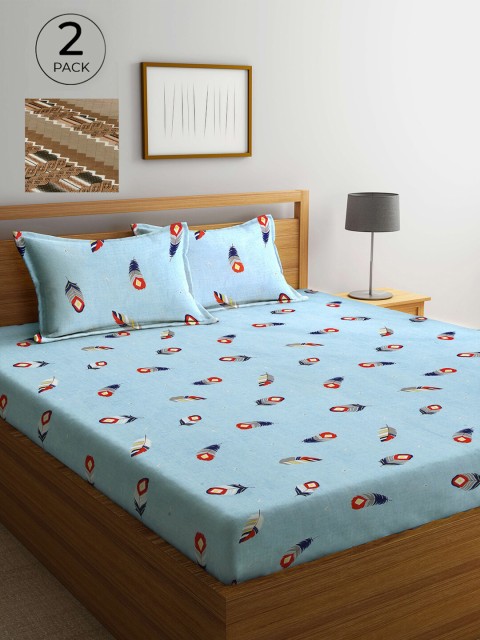

Arrabi Set Of 2 Brown & Blue Floral 300 TC 2 King Bedsheet with 4 Pillow Covers