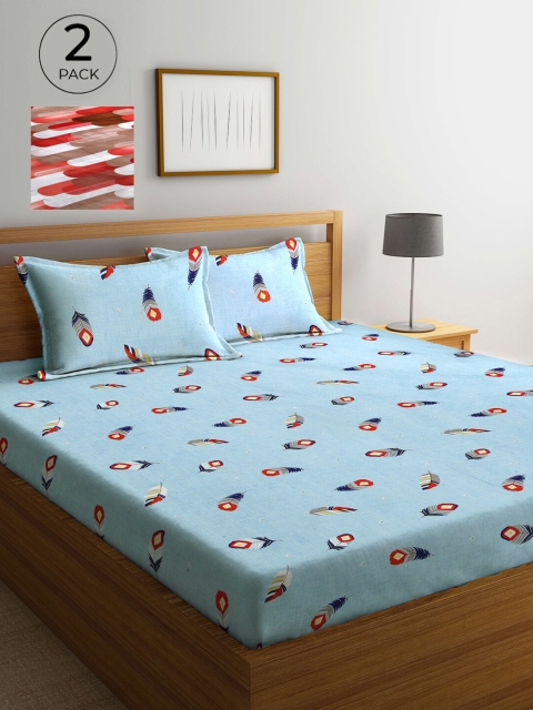 

Arrabi Set Of 2 Blue & Brown Floral 300 TC 2 King Bedsheet with 4 Pillow Covers