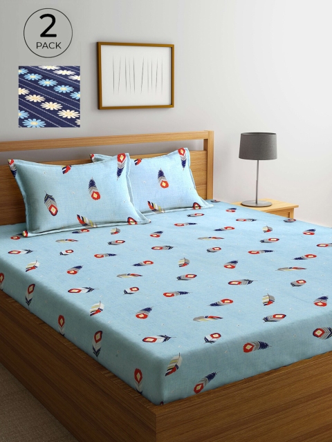 

Arrabi Set Of 2 Blue & Navy Blue Floral 300 TC 2 King Bedsheet with 4 Pillow Covers