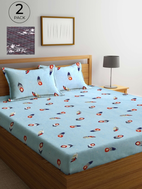 

Arrabi Set Of 2 Grey & Blue Floral 300 TC 2 King Bedsheet with 4 Pillow Covers