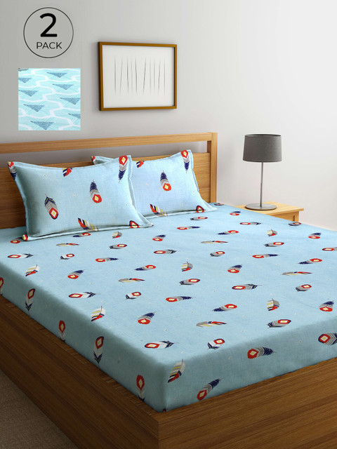 

Arrabi Set Of 2 Blue & White Floral 300 TC 2 King Bedsheet with 4 Pillow Covers