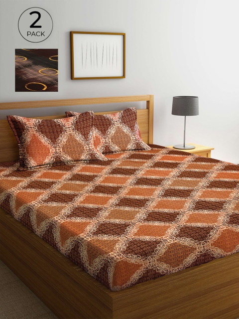 

Arrabi Set Of 2 Brown & Green Ethnic Motifs 300 TC 2 King Bedsheet with 4 Pillow Covers