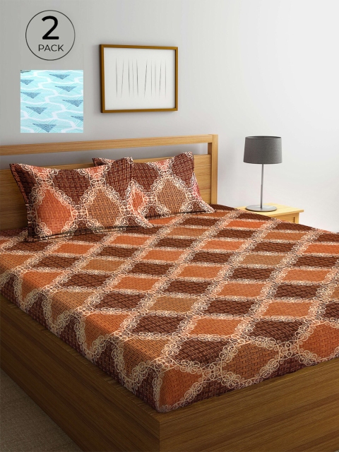 

Arrabi Set Of 2 Blue & Brown Ethnic Motifs 300 TC 2 King Bedsheet with 4 Pillow Covers