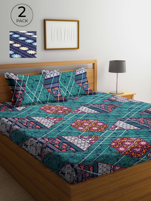 

Arrabi Green & Blue Abstract 300 TC 2 King Bedsheets with 4 Pillow Covers