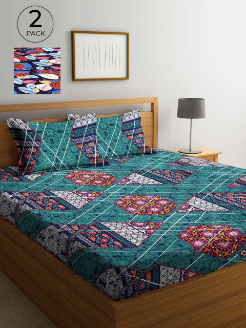 

Arrabi Green & Blue Abstract 300 TC 2 King Bedsheets with 4 Pillow Covers