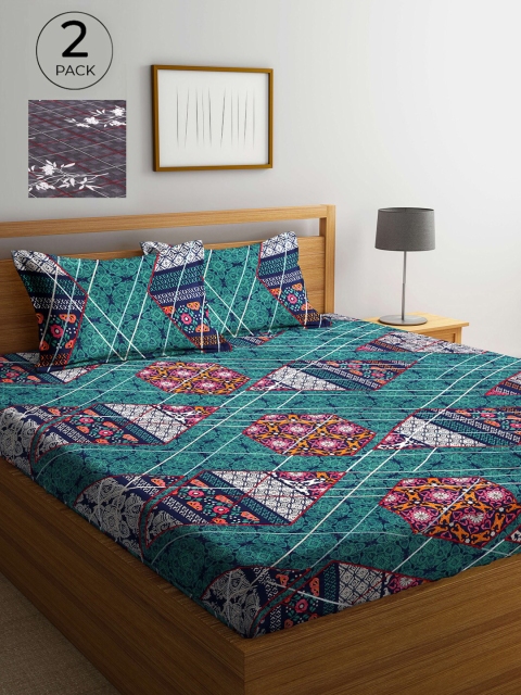 

Arrabi Green & Grey Abstract 300 TC 2 King Bedsheets with 4 Pillow Covers