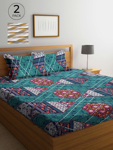 

Arrabi Green & Yellow Abstract 300 TC 2 King Bedsheets with 4 Pillow Covers