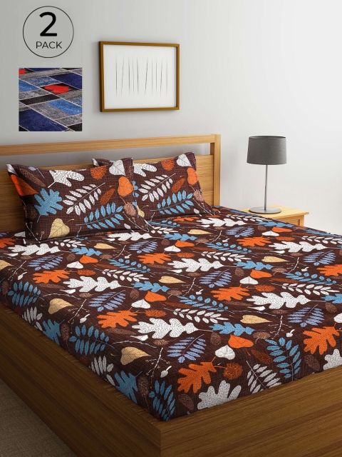 

Arrabi Brown & Blue Floral 300 TC 2 King Bedsheets with 4 Pillow Covers