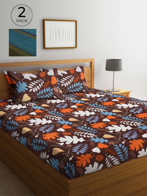 

Arrabi Brown & Blue Floral 300 TC 2 King Bedsheets with 4 Pillow Covers