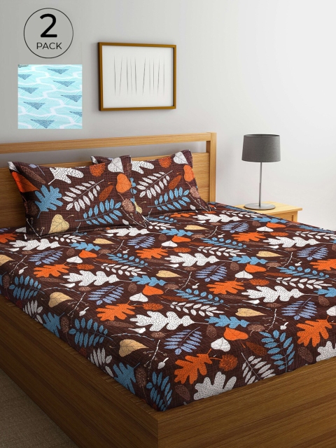 

Arrabi Brown & Blue Floral 300 TC 2 King Bedsheets with 4 Pillow Covers