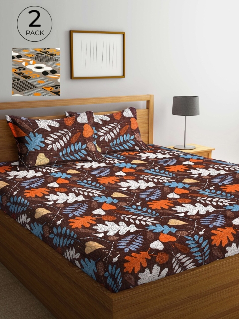 

Arrabi Brown & Grey Floral 300 TC 2 King Bedsheets with 4 Pillow Covers