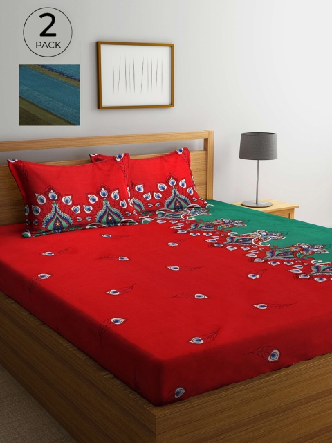 

Arrabi Red & Blue Ethnic Motifs 300 TC 2 King Bedsheets with 4 Pillow Covers