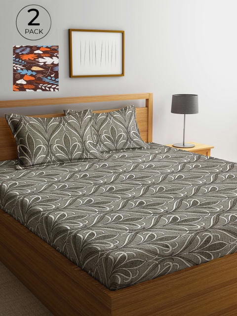 

Arrabi Grey & Brown Floral 300 TC 2 King Bedsheets with 4 Pillow Covers