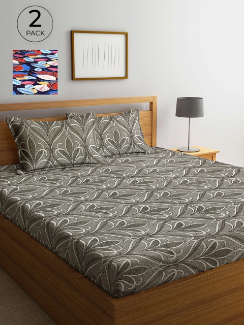 

Arrabi Blue & Grey Floral 300 TC 2 King Bedsheets with 4 Pillow Covers