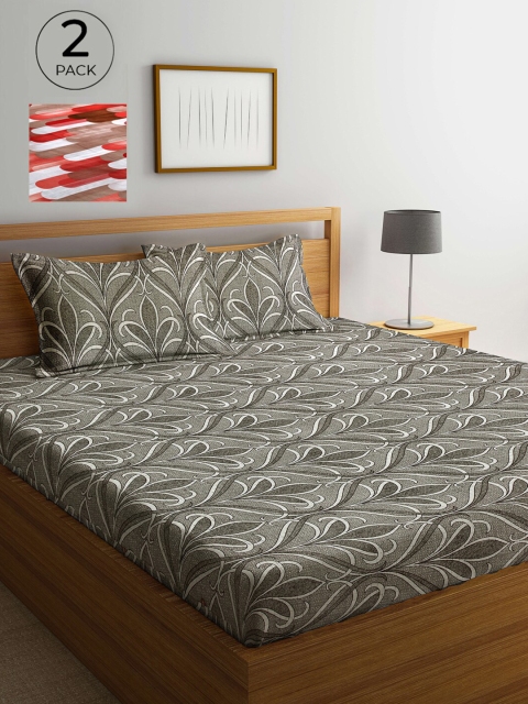 

Arrabi Grey & Red Floral 300 TC 2 King Bedsheets with 4 Pillow Covers