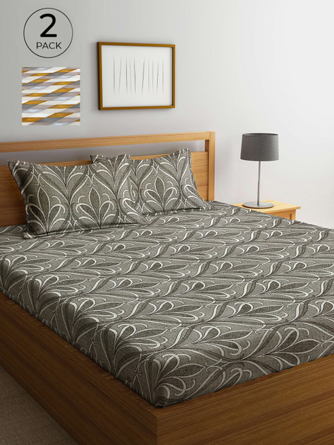 

Arrabi Grey & White Floral 300 TC 2 King Bedsheets with 4 Pillow Covers