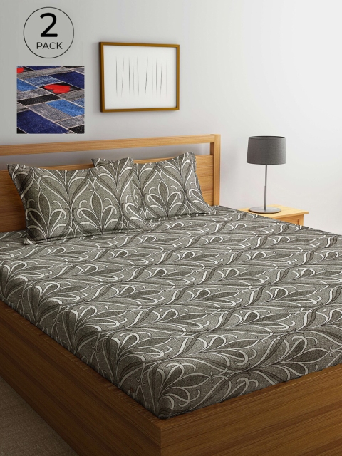 

Arrabi Grey & Blue Floral 300 TC 2 King Bedsheets with 4 Pillow Covers