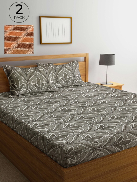 

Arrabi Grey & Brown Floral 300 TC 2 King Bedsheets with 4 Pillow Covers