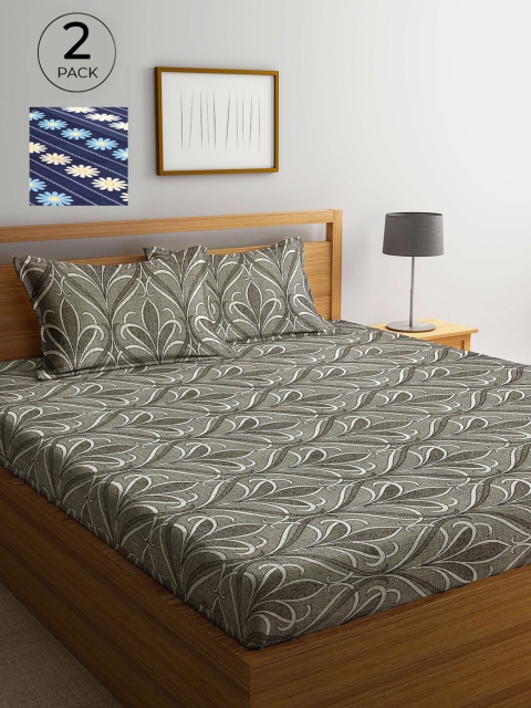 

Arrabi Grey & Blue Floral 300 TC 2 King Bedsheets with 4 Pillow Covers