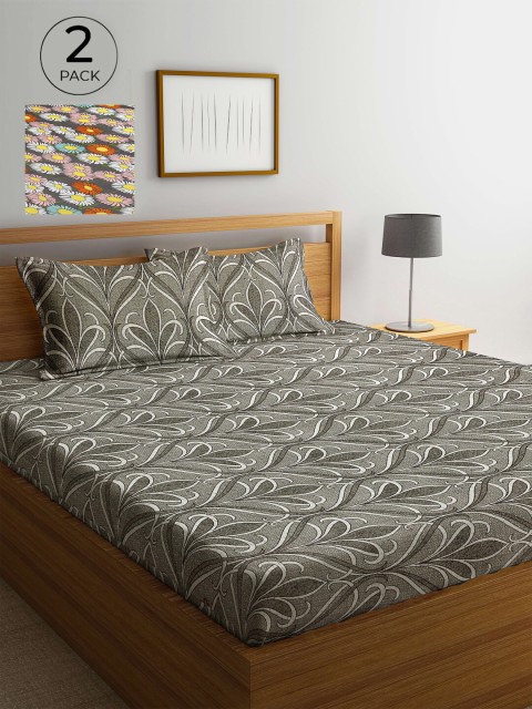 

Arrabi Grey & Orange Floral 300 TC 2 King Bedsheets with 4 Pillow Covers