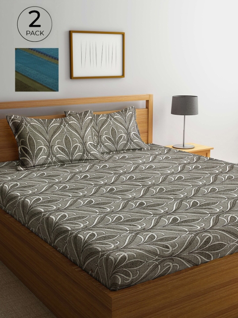 

Arrabi Grey & Green Floral 300 TC 2 King Bedsheets with 4 Pillow Covers