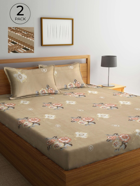 

Arrabi Beige & Brown Floral 300 TC 2 King Bedsheets with 4 Pillow Covers