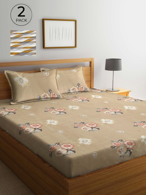 

Arrabi Beige & Grey Floral 300 TC 2 King Bedsheets with 4 Pillow Covers