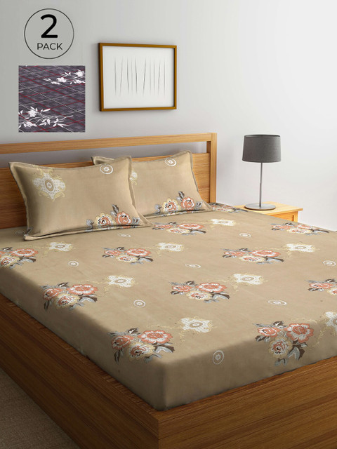 

Arrabi Beige & Grey Floral 300 TC 2 King Bedsheets with 4 Pillow Covers