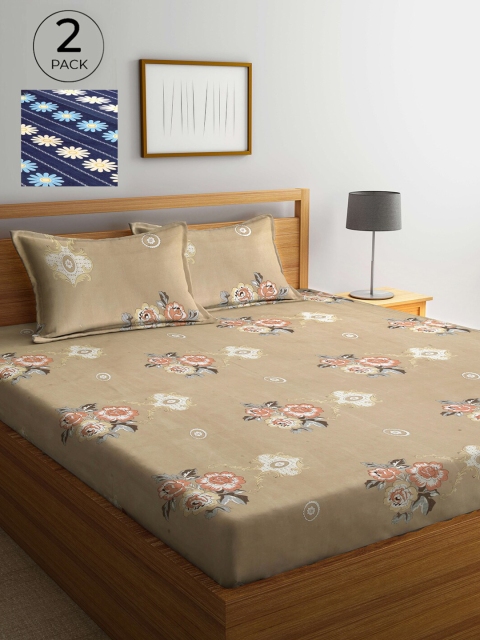 

Arrabi Beige & Blue Floral 300 TC 2 King Bedsheets with 4 Pillow Covers