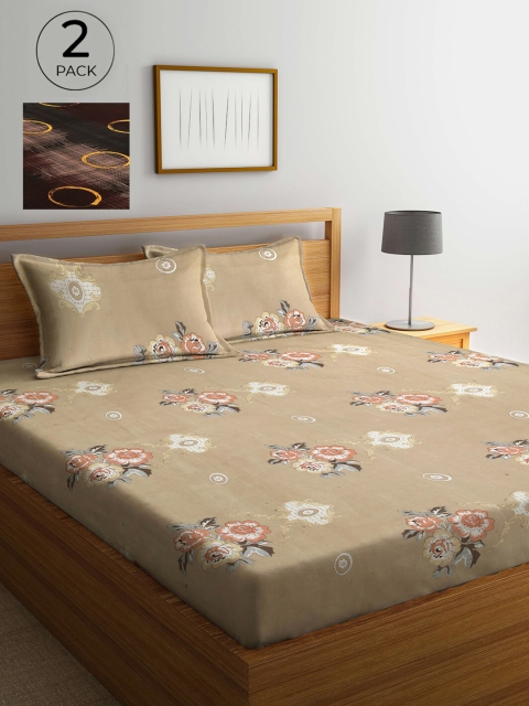 

Arrabi Beige & Brown Floral 300 TC 2 King Bedsheets with 4 Pillow Covers
