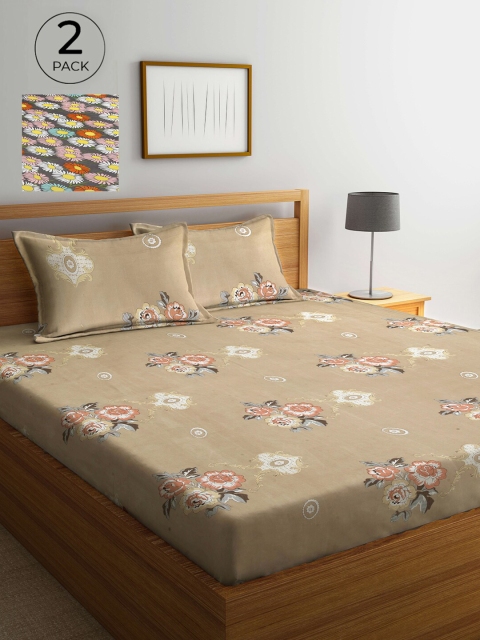 

Arrabi Beige & Grey Floral 300 TC 2 King Bedsheets with 4 Pillow Covers