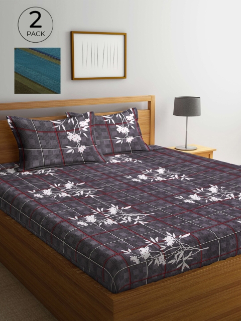 

Arrabi Grey & Teal Floral 300 TC 2 King Bedsheets with 4 Pillow Covers