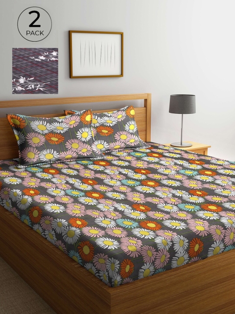 

Arrabi Set Of 2 Multicoloured Floral 300 TC King Bedsheet With 4 Pillow Covers, Multi