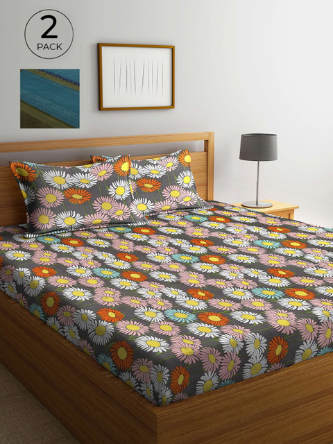 

Arrabi Set Of 2 Multicoloured Printed 300 TC King Bedsheet With 4 Pillow Covers, Multi
