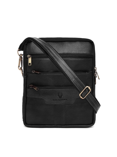 

WildHorn Men Black Textured Genuine Leather Messenger Bag