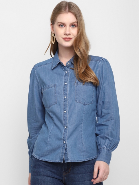 

FOSH Women Blue Slim Fit Washed Denim Casual Shirt