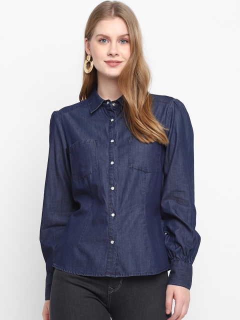 

FOSH Women Navy Blue Slim Fit Washed Pure Cotton Denim Shirt