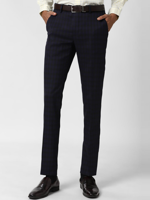 

Peter England Men Navy Blue Checked Slim Fit Formal Trousers