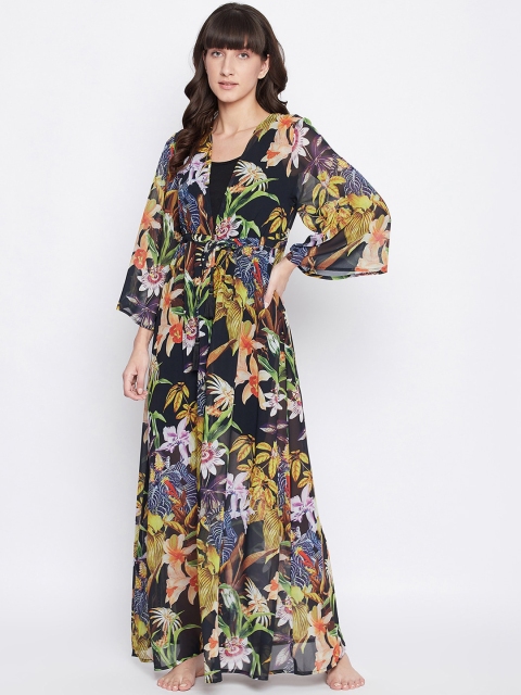 

Clovia Black & Yellow Floral Georgette Beachwear Maxi Dress