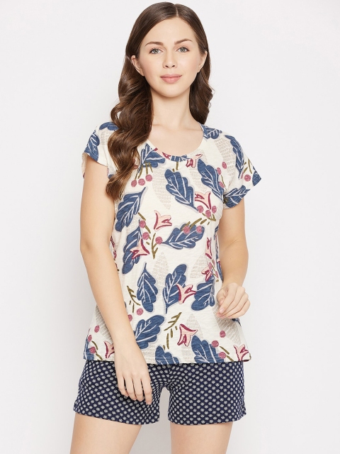 

Clovia Women White & Blue Floral Printed Pure Cotton Night suit