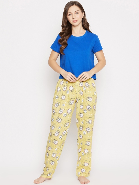 

Clovia Women Blue & Yellow Cropped T-shirt With Printed Pyjama Set