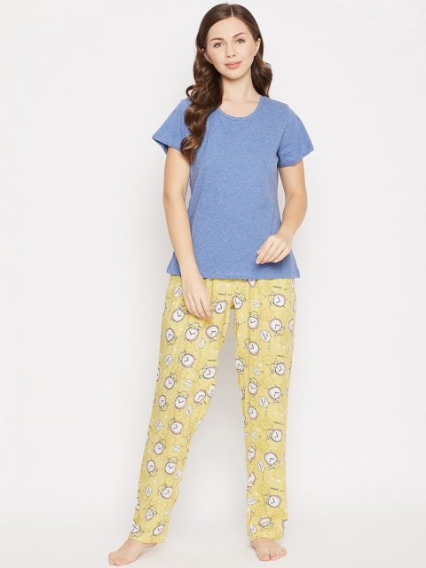 

Clovia Women Blue & Yellow Printed Sleep Tee & Pyjama Set